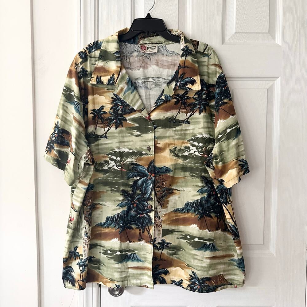 Hilo Hattie Vintage Green Multi Aloha Tower Waikiki Surf Island Shirt Men 3X